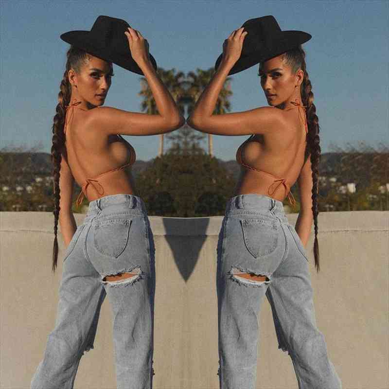 

mo style summer fashion slim women jean casual pants wash holes straight jeans, Blue