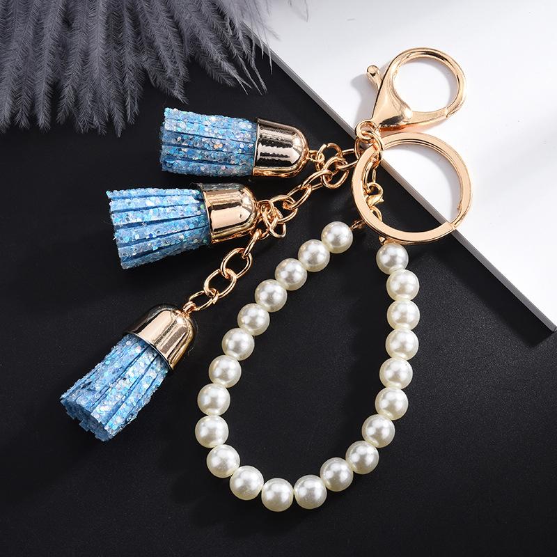 

Keychains PU Leather Tassel Fringe Fashion Pearl Keychain Car Bag Pendant For Women Girls Gift Key Ring Holder