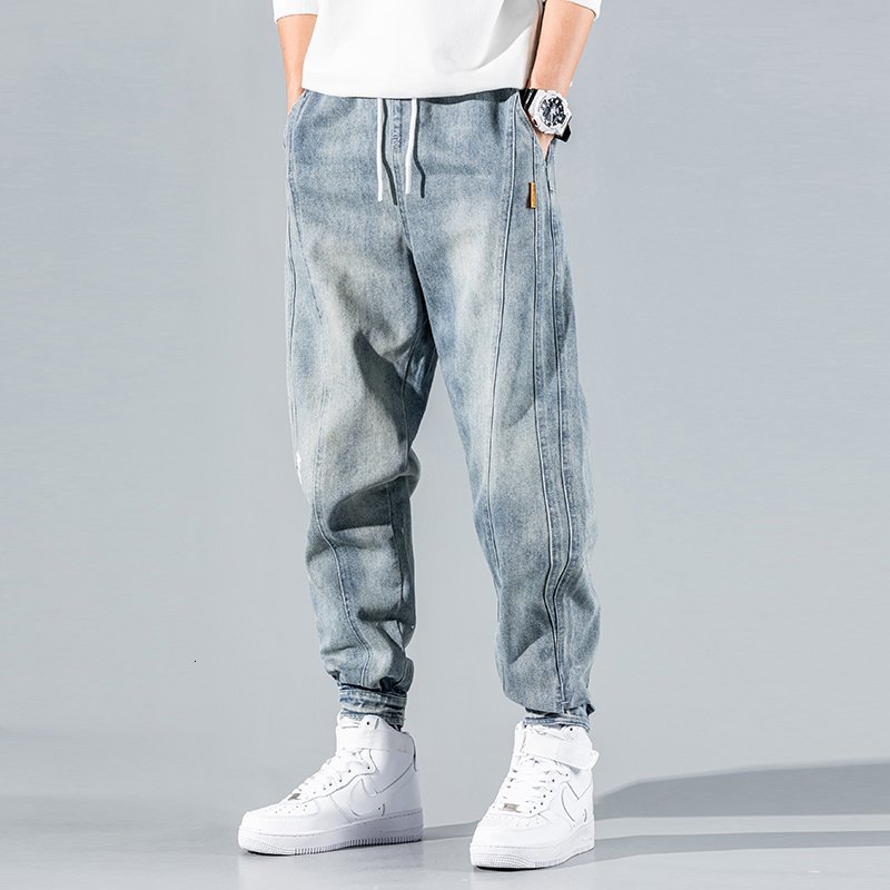 

2021 New Japanese Style Fashion Men Jeans Loose Fit Spliced Designer Denim Cargo Pants Streetwear Hip Hop Joggers Wide Leg Baggy Trousers Ax, Retro blue
