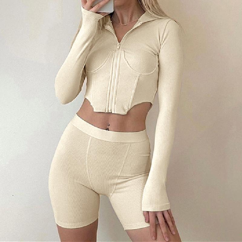 

Women's Tracksuits Casual Women 2pcs Outfits Solid Color Zipper Hooded Navel Coat Elastic High Waist Slim Shorts Wild Daily Jogger Tracksuit, Gray