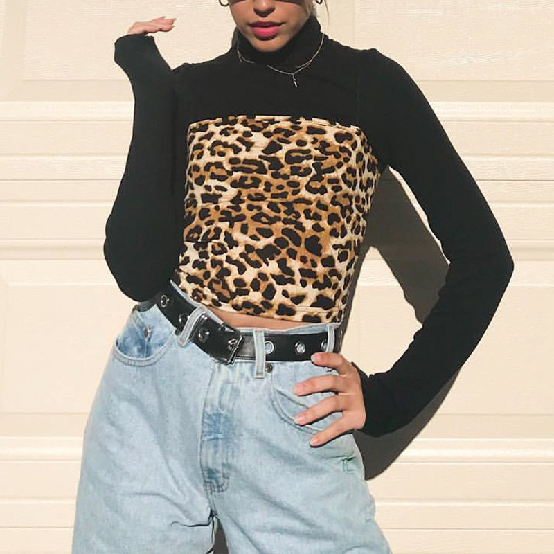 

2021 Black Turtleneck France Elegant Leopard Spliced Cropped Woman Tshirts Long Sleeve Winter Tops Elastic Slim Sexy Hot Girls Casual Gsyp, Leopard print