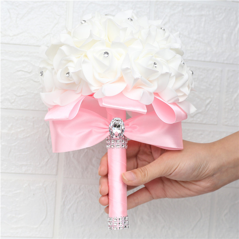 

Wedding Flowers Handmade PE Foam Rose Bridesmaid Bouquet Bridal Ribbon Fake Flowers Pink Bouquets De Noiva