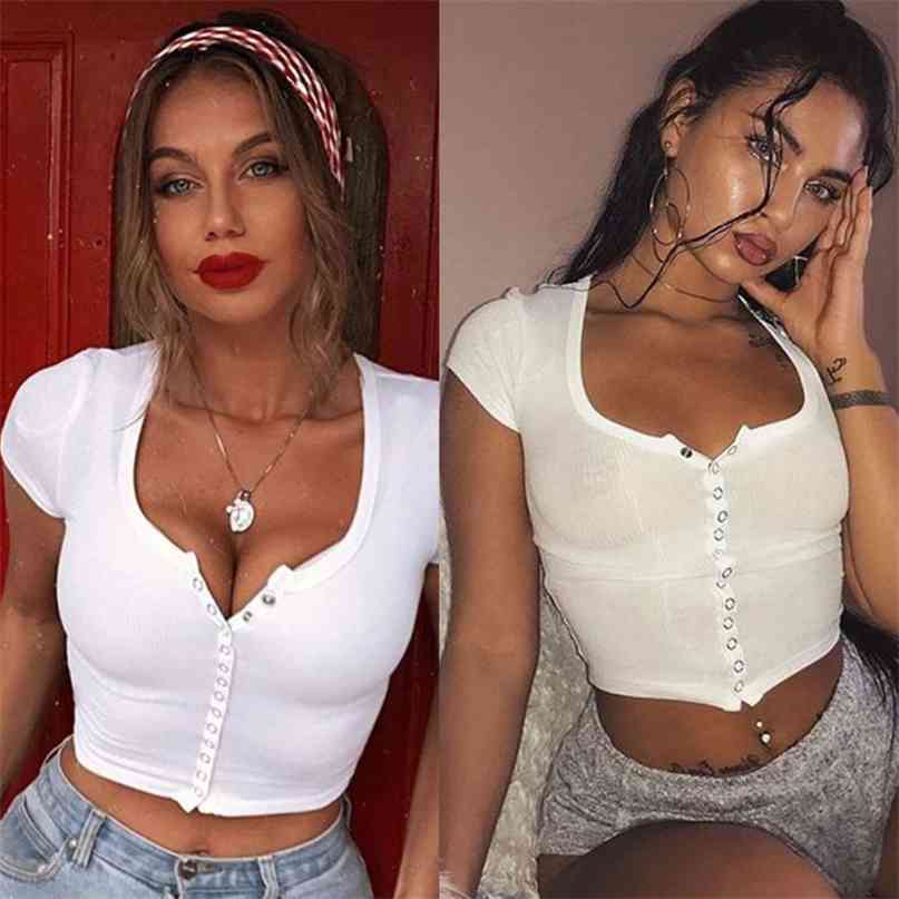 

Fashion Sexy Women Short Sleeve Crop Top Button Vest Halter Casual White Tank Tops Blouse Shirt 210607
