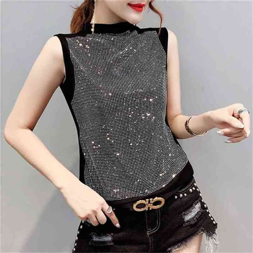 

Summer Casual Loose Korean Clothes Diamonds T-shirt Women Cotton Fashion Sleeveless Tops Ropa Mujer Shirt Tees T02423 210708, Black tshirt