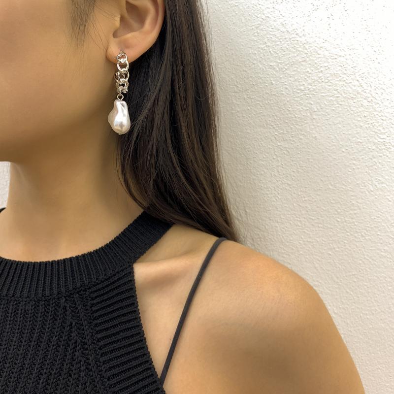 

Dangle & Chandelier Hollow Metal Earrings With Baroque Special-shaped Imitation Pearl Long Hanging Stud 2021 Trend Women Jewelry, Silver