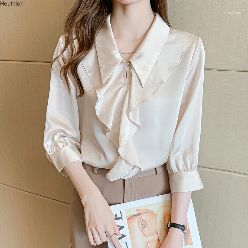 

Women' Blouses & Shirts Blouse Chiffon Top 2021 Ruffle Pure Color Stitching 3/4 Sleeve Doll Collar Shirt Korean Casual Fashion Houthion, Apricot