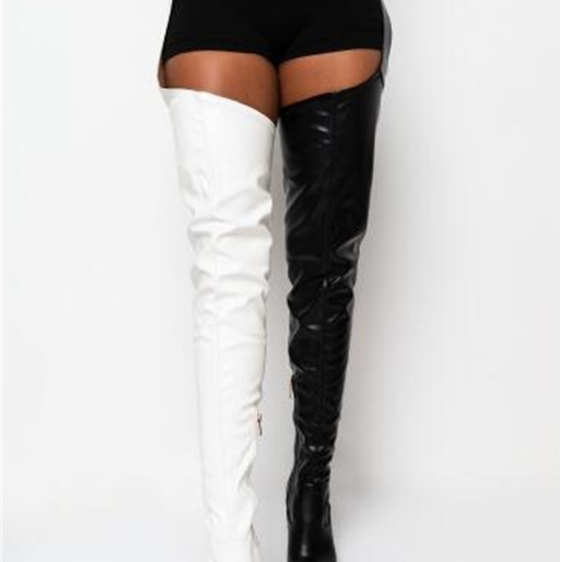 

boots black club woman pats on the knee boots pointed toes thin heels leather belts long 72x8