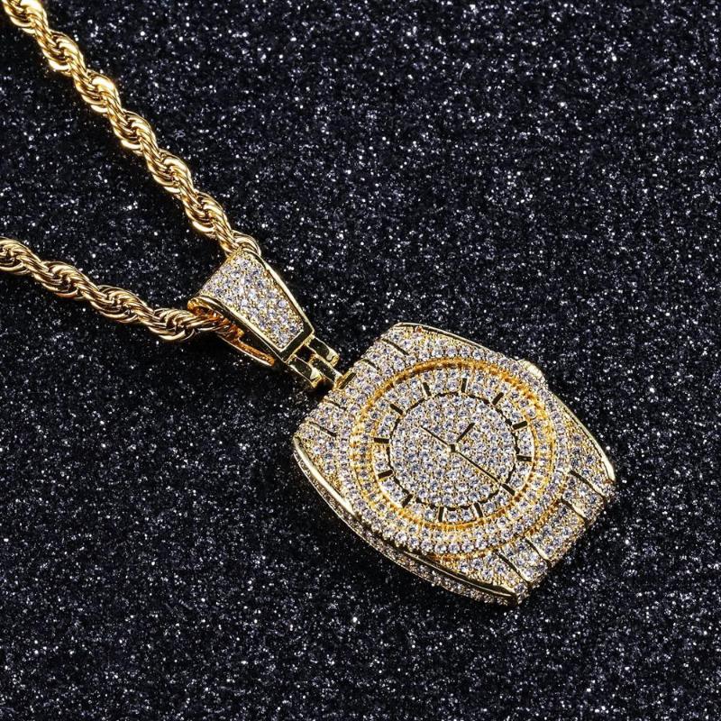 

Pendant Necklaces Hip Hop Men's Jewelry CZ Stones Bling Iced Out Watch Shape Necklace Clock Crystal Jewellry Accessories Ornaments
