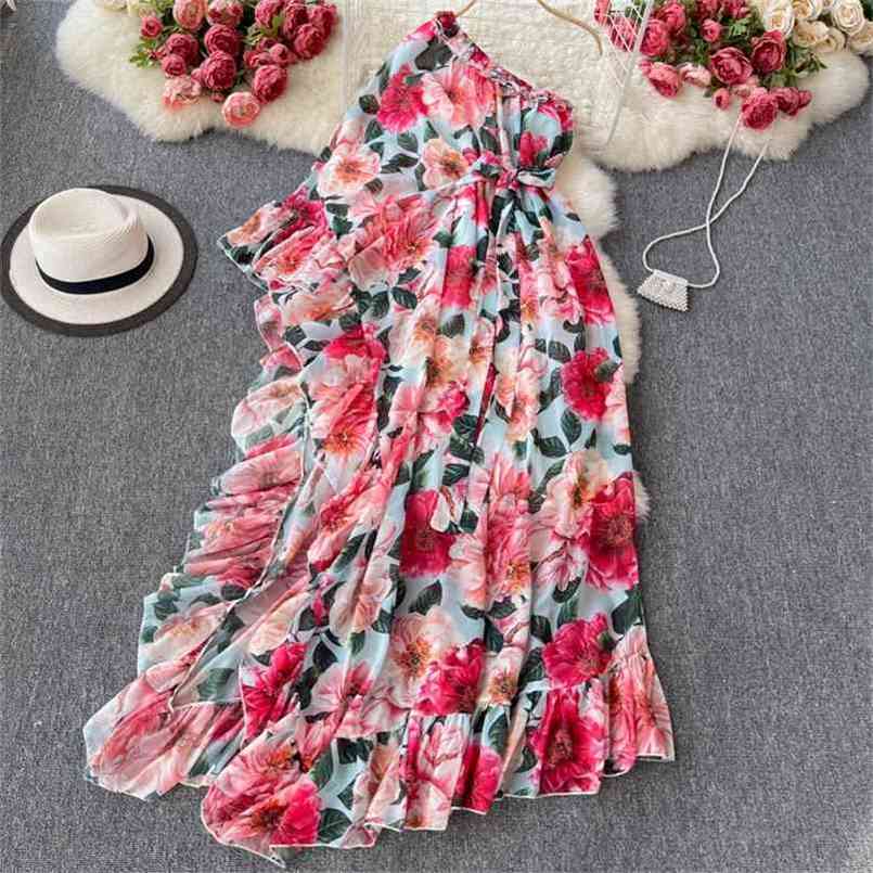 

Bohemian Floral Print Maxi Dress Women Summer Chic One Shoulder Sleeveless Ruffles Sash Lace-up A-line Holiday Beach Long 210603, Green
