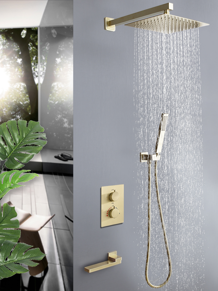 

2021 New Bathroom in Wall Brushed Gold Faucet Set Thermostatic Mixer Bath and Rainfall Shower 1k8w