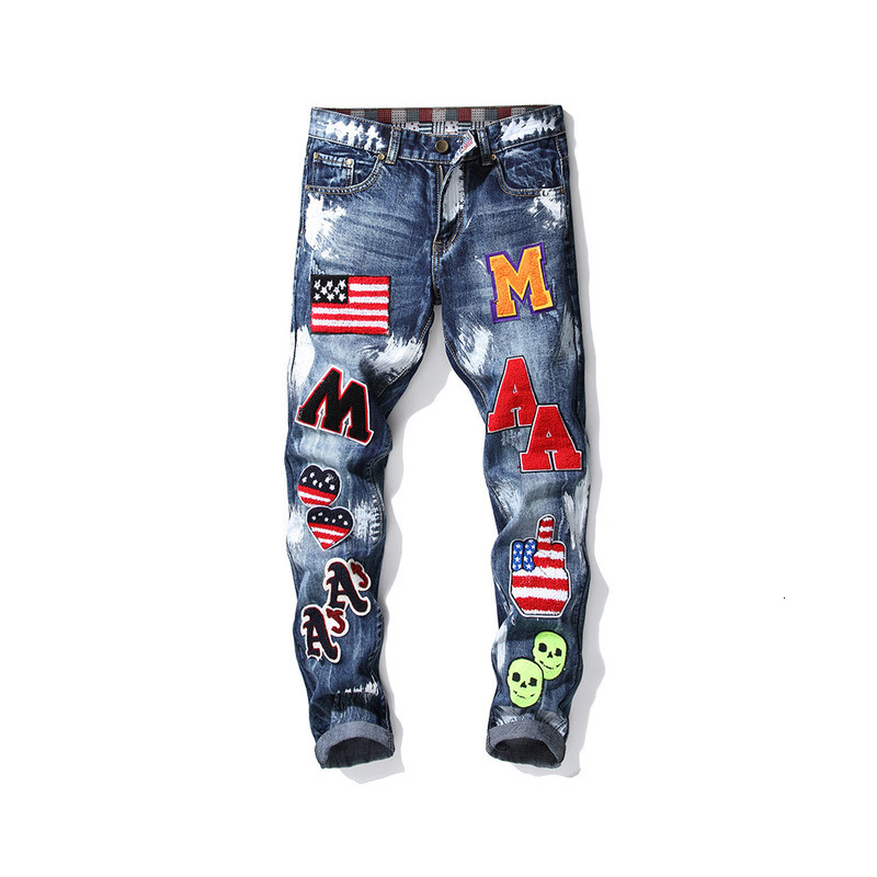 

2021 New Autumn Winter Small Straight Alphabet Embroidery Flag Bae Paint Men Slim Without Bullet Jeans Trend Men's Pants 7vqi, Blue