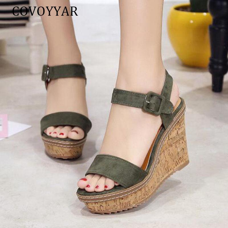 

COVOYYAR Platform Sandals 2021 Summer Wedges Open Toe Mixed Colors High Heel Women Pumps Buckle Strap Flock Shoes Woman WSS435, Black