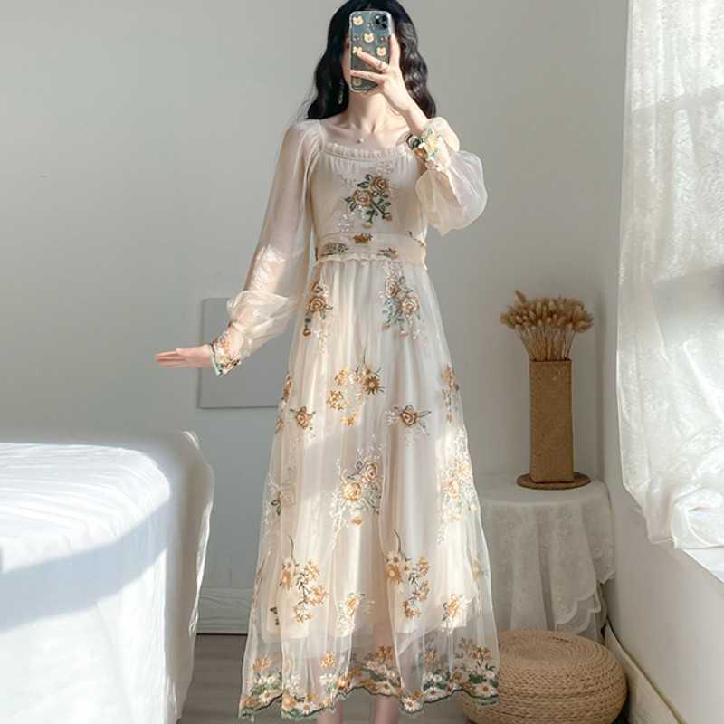 

Spring Women French Romantic Floral Embroidery Mesh Midi Dress Elegant Long-Sleeved Chic Feminine Robe 210526, Photo color