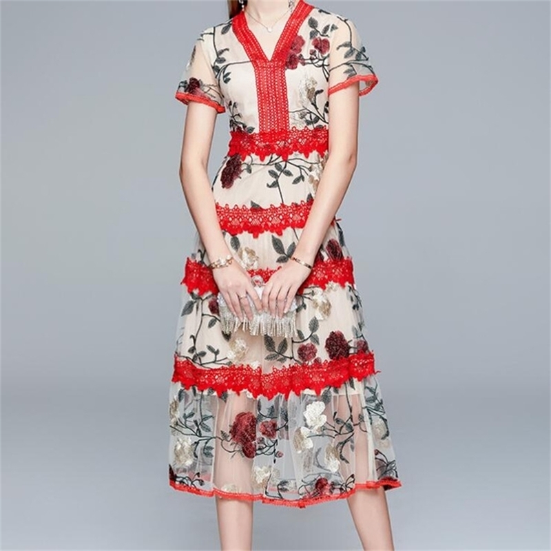 

Summer Boho Women Maxi Dress Loose Embroidery Red Lace Long Tunic Beach Vacation Holiday Clothes 210603, Picture color