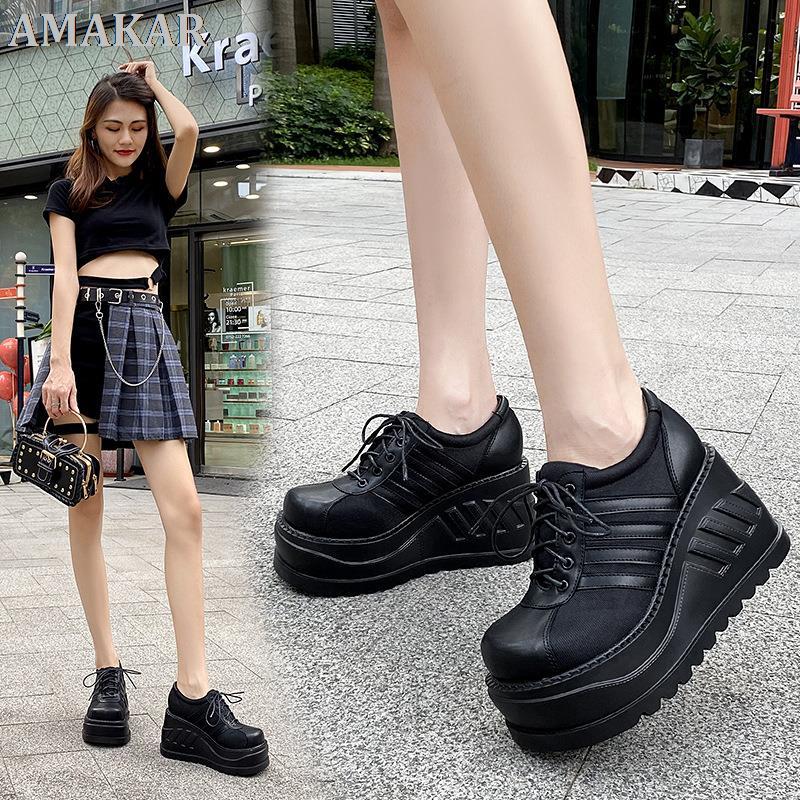 

Dress Shoes Brand Punk Street Fashion Black Gothic Style Girls Cosplay Platform High Heels Sneakers Wedges Woman Pumps Big Size 43, Black style 1