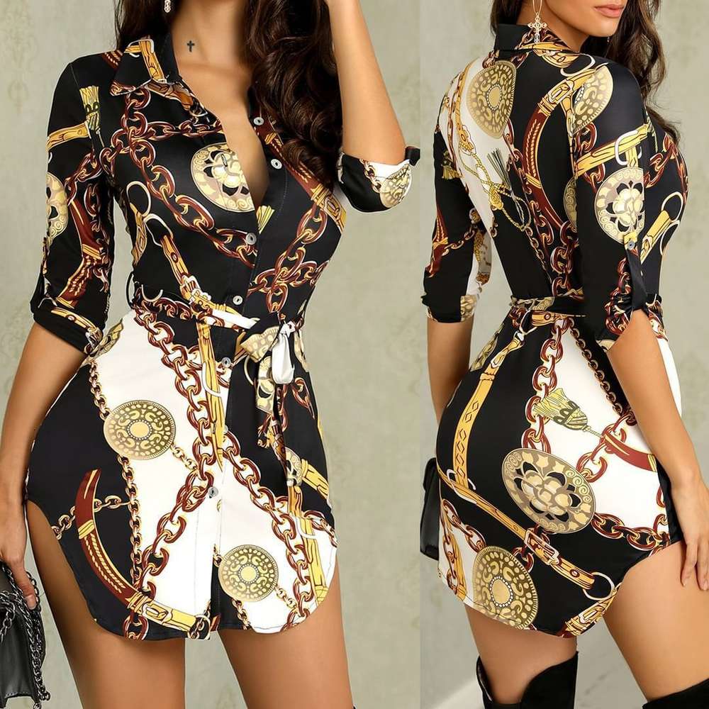 

Butterfly sleeve skirt autumn and winter 2020 fashion gold chain Printed Dress, Black;gray