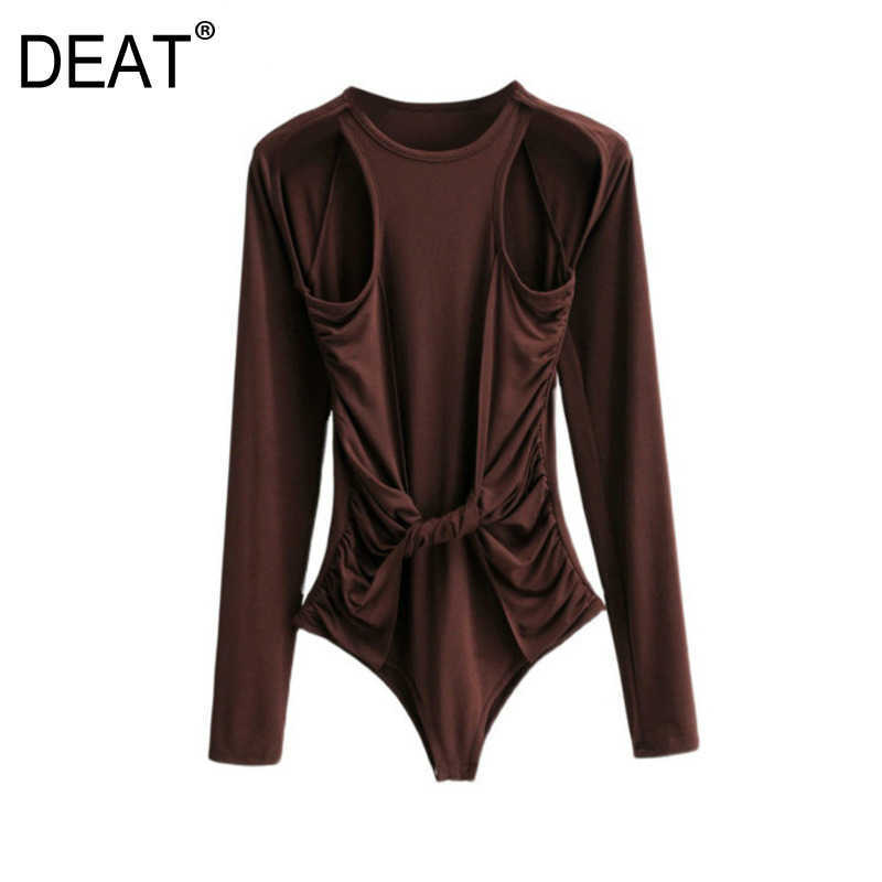 

[DEAT] Spring Autumn Fashion Jumpsuit Round Neck Solid Color Long Sleeve Sexy Strapless Personality Women Tops 13A437 210527, Coffee