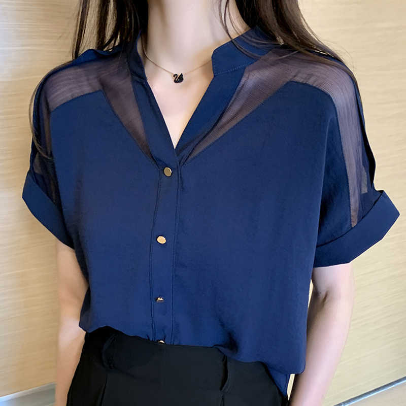 

Blouse Women  V-neck Blue Chiffon Shirt Tops Summer Short Sleeve Shirts Clothes Blusas D325 210602, White