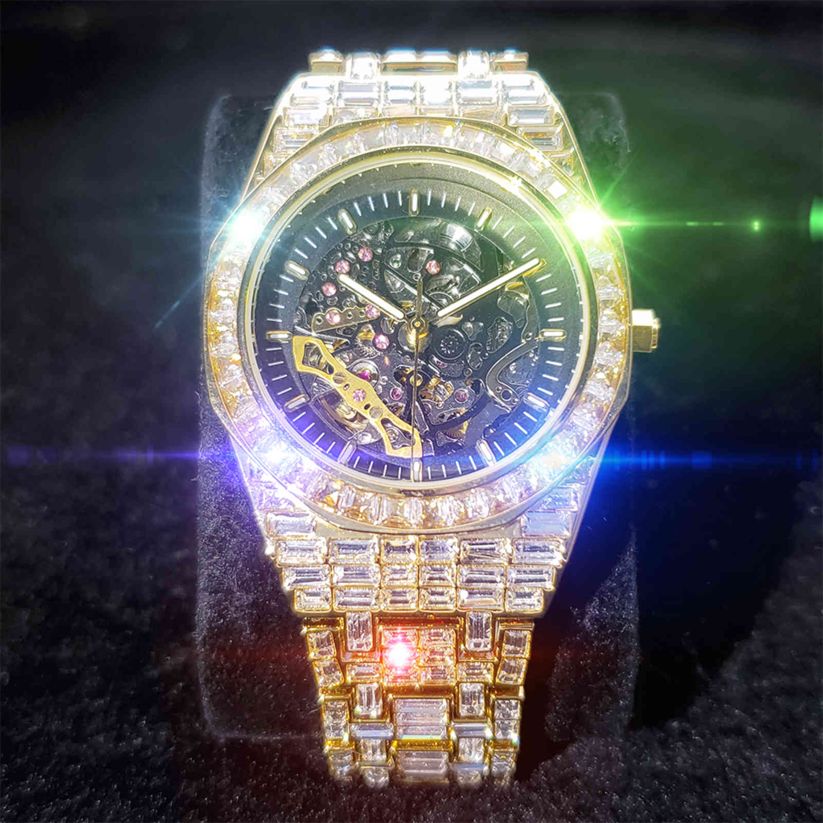 

MISSFOX Hollow Man Wristwatch Square Diamond Iced Out Watches Gentleman Luxury High-end Mechanical Men Watch Business, V309-gs