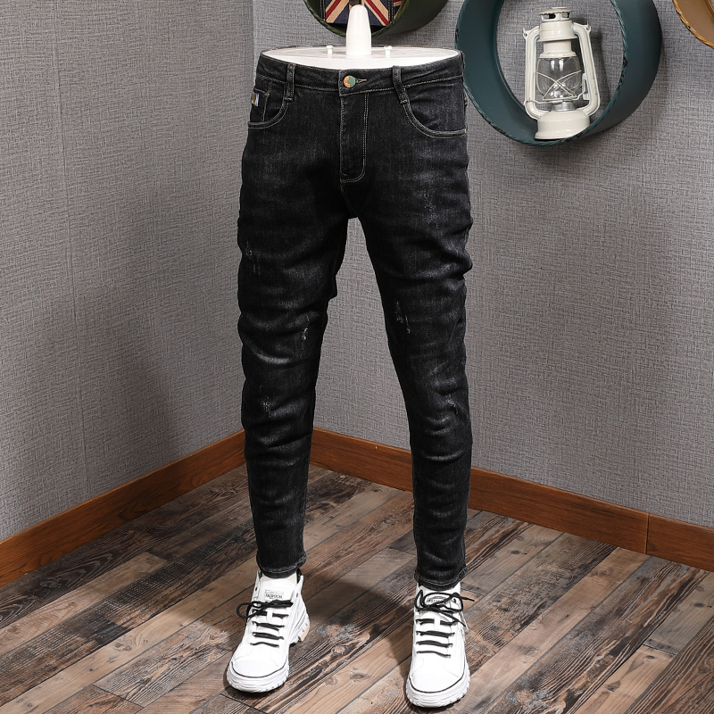 

2021 New Korean Style Fashion Men Jeans Newly Elastic Slim Fit Ripped Casual Denim Pencil Pants Vintage Designer Simple Trousers O1h6, Black