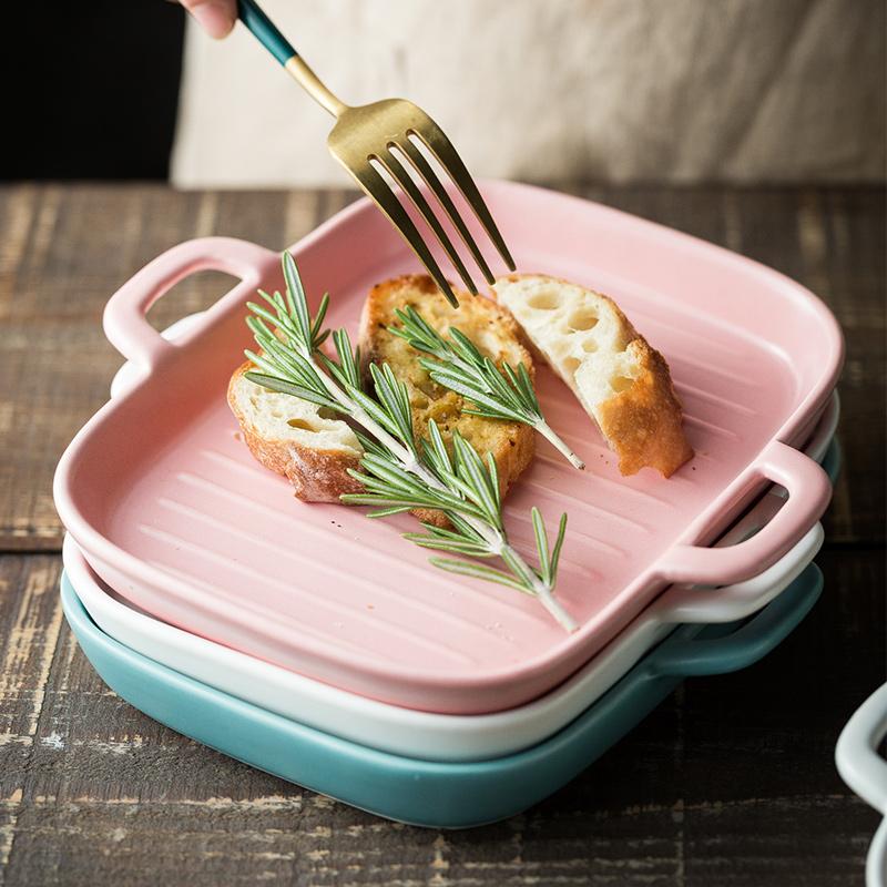 

Dishes & Plates Solid Rectangle Ceramic Dinner Plate Double Ears Heat Resistant Porcelain Cheese Baking Steak Sushi Fruit Tray