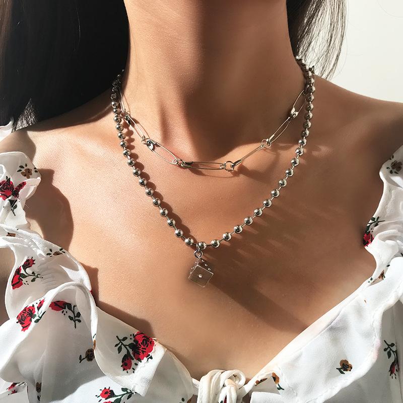 Pendant Necklaces Punk Silver Color Safety Pin Link Chain Choker Dice Necklace Jewelry Women Collares Gothic Hip Hop Gift Mujer-image-709026451