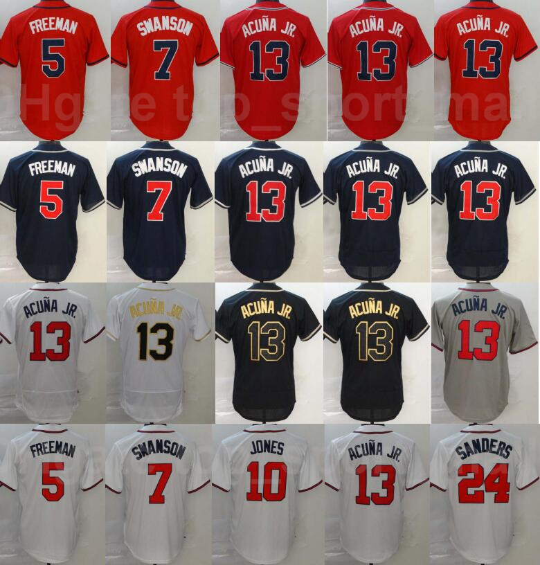 

2020 Men Baseball 13 Ronald Acuna Jr Jersey 5 Freddie Freeman 7 Dansby Swanson 10 Chipper Jones 24 Deion Sanders Navy Blue White, 5 white