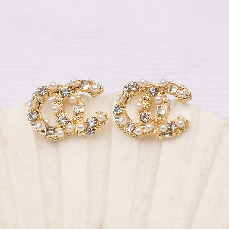 

Beautifully 18K Gold Plated 925 Silver Luxury Brand Designers Double Letters C Stud Geometric Famous Women Crystal Rhinestone Pearl Earring Wedding Party Jewerlry