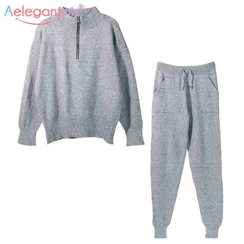 

Aelegantmis Two Piece Set Knitted Sweater Women 5 Colors Casual Zipper Pullover Elastic High Waist Trousers Loose Pants Suits 210607, Purple