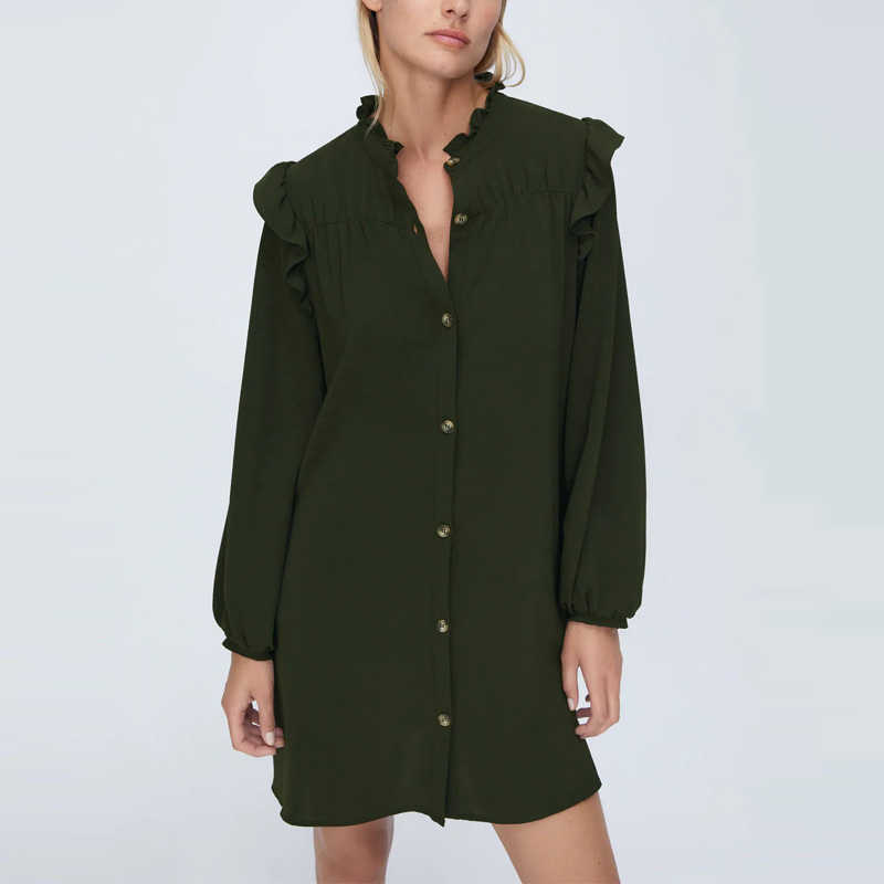 

Za Ruffle Shoulder Vintage Mini Dress Women O-neck Long Sleeve Autumn Dress Female Front Button Pleated Green Short Dresses 210602