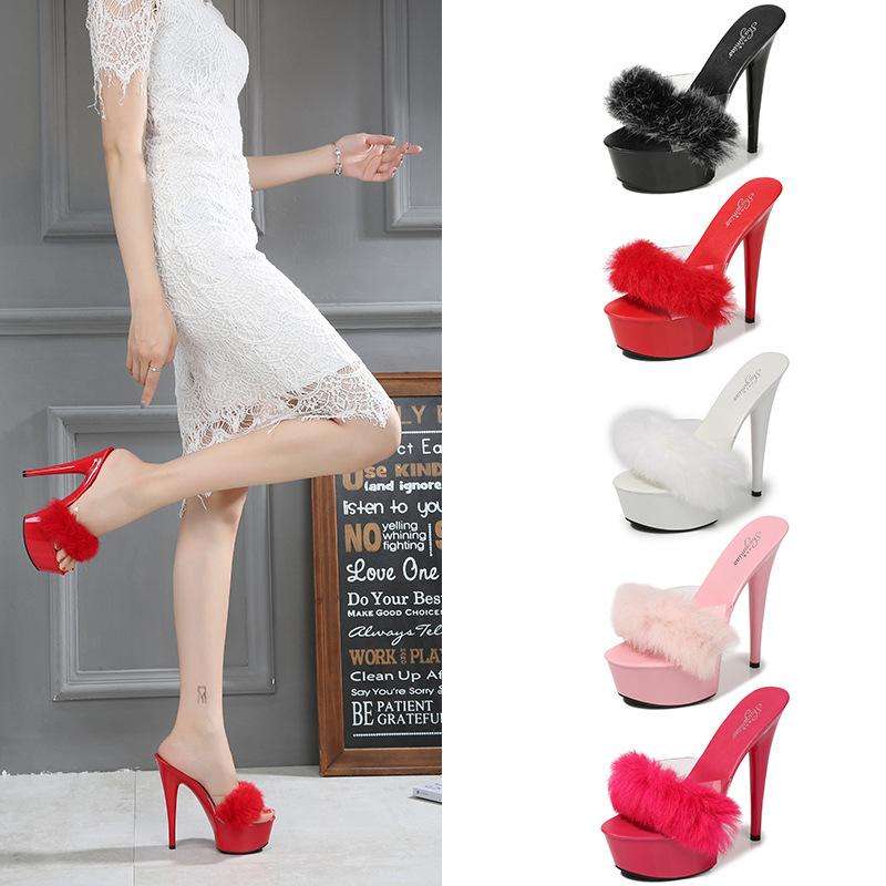 

Summer Fur Transparent Crystal Heels Slingback Sandals Woman 15 Cm Sexy High Heels Platform Shoes Sandalias Nightclub, Black