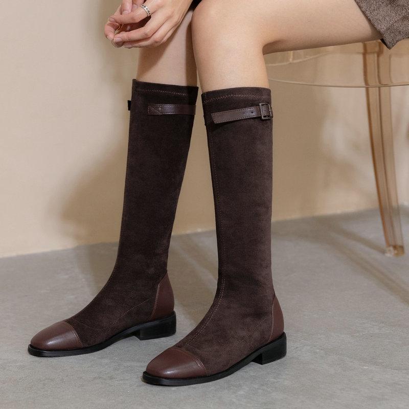 

Boots 2021 Women Faux Suede Square Toe Motorcycle Fashion Buckle Low Heel Autumn Winter Shoes Woman Black Brown