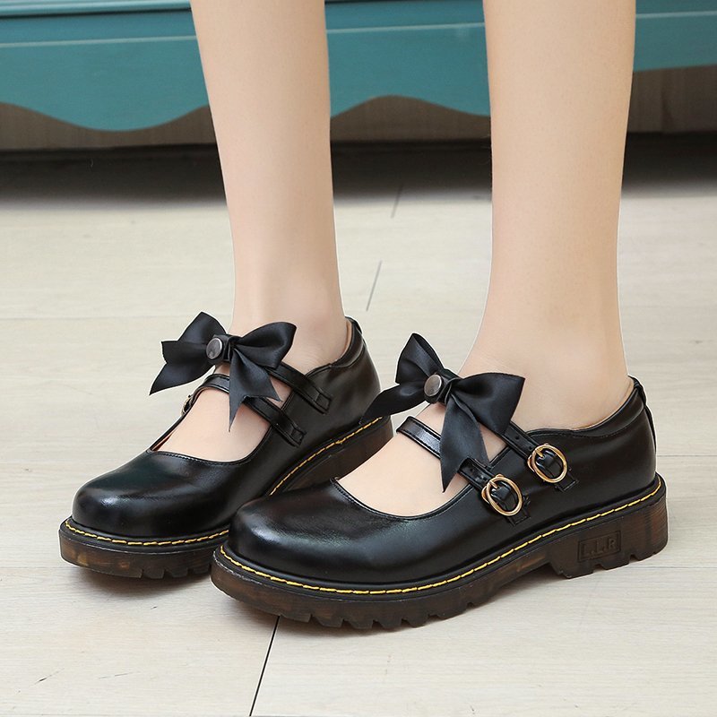 

Lolita Shoes Platform Round Toe Leather Shoes Double Buckle Mary Janes Shoes Bowtie Woman Girls mujer Spring 8705N, Black;white