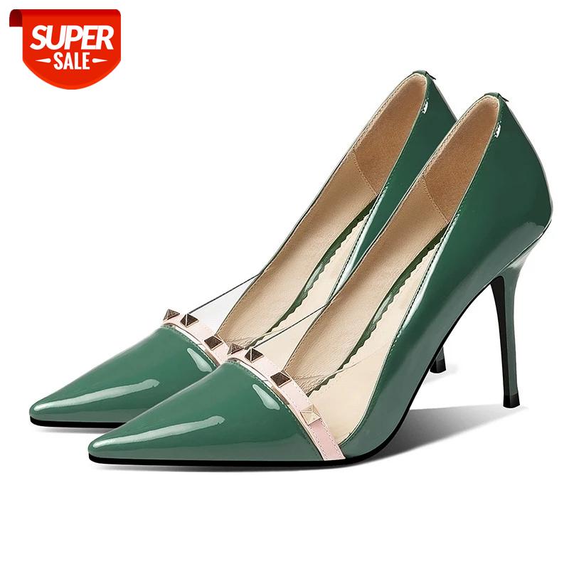 

Patent Leather Sexy Heels Shoes Pointed Toe Rivet Super High Heels Green Pumps Women Dress Shoes Stilettos 2020 Fashion #lp2s