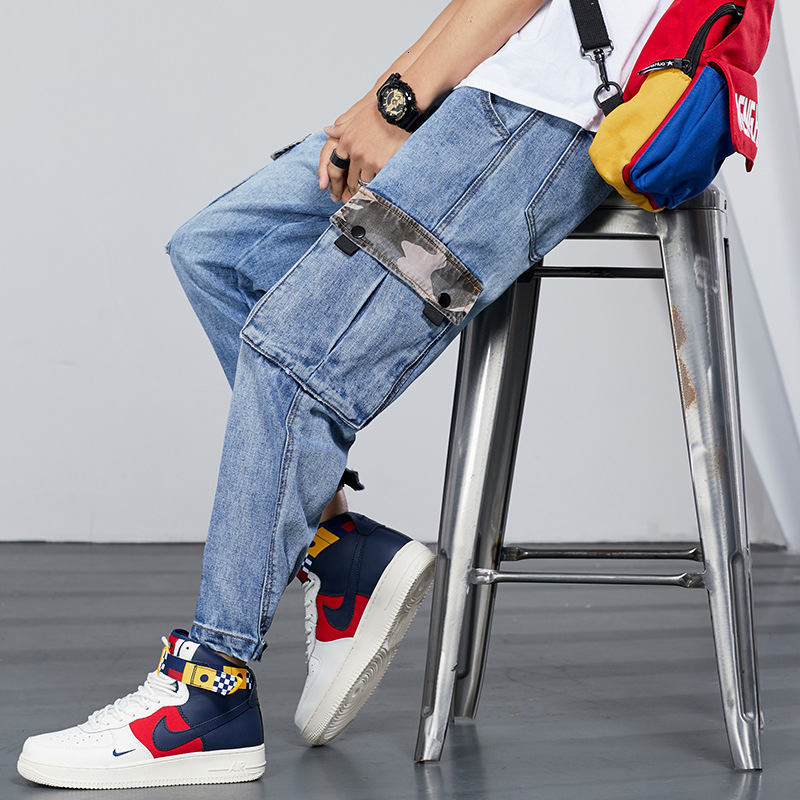 

2021 Summer New Pink Cargo Pants Men Contrast Color Patchwork Pockets Hip Hop Pant Loose Casual Male Streetwear Trousers Oy8a, Blue