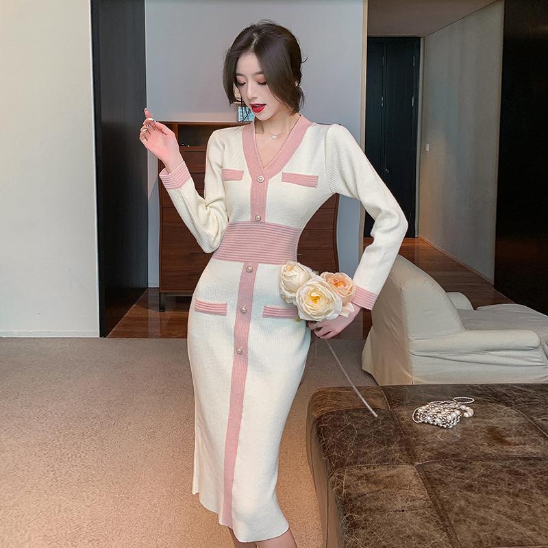 

Casual Dresses Autumn Winter Bodycon Bandage Dress 2021 Women Sexy Long Sleeve Midi Elastic Knit Sweater, As picture