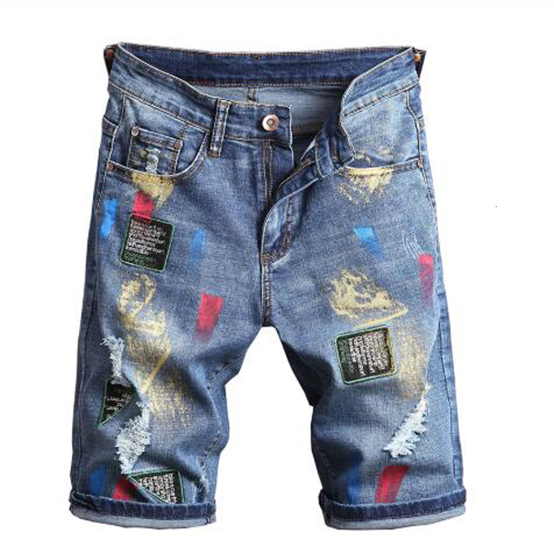 

2021 New Men's Male Fashion Casual Bae Embroidery Colored Painted Denim Shorts Summer Holes Ripped Jeans Slim Straight Breeches Gknk, Blue