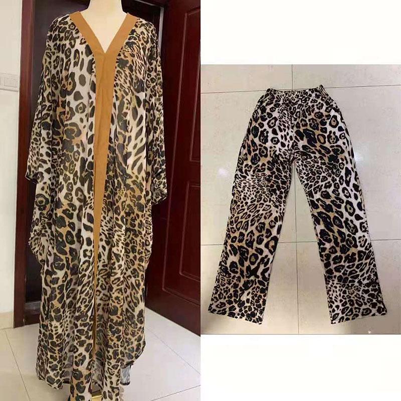 

Women's Two Piece Pants 2021 Summer Fashion Set Women Loose Print Leopard Dress + Slacks