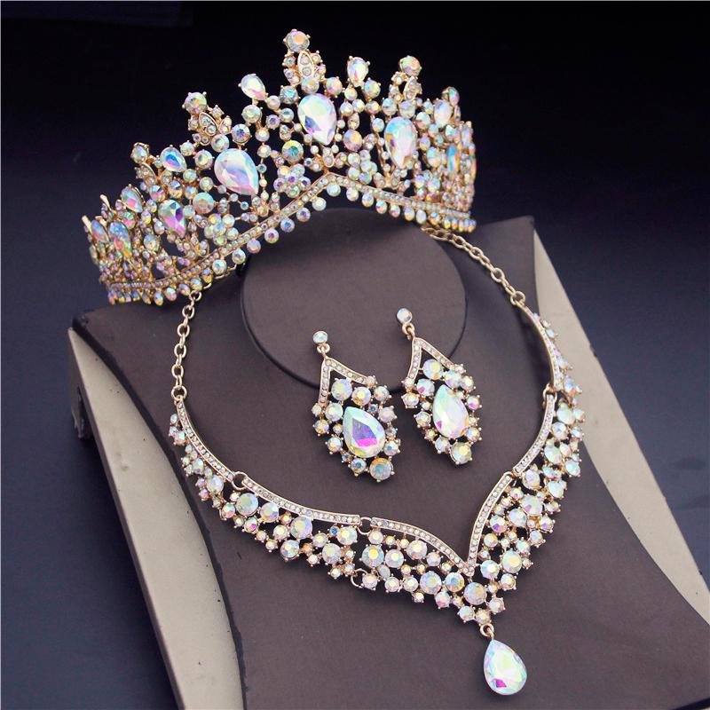 

Earrings & Necklace Gorgeous Crystal Water Drop Bridal Jewelry Sets For Women Rhinestone Tiaras Crown African Wedding Set, Silver