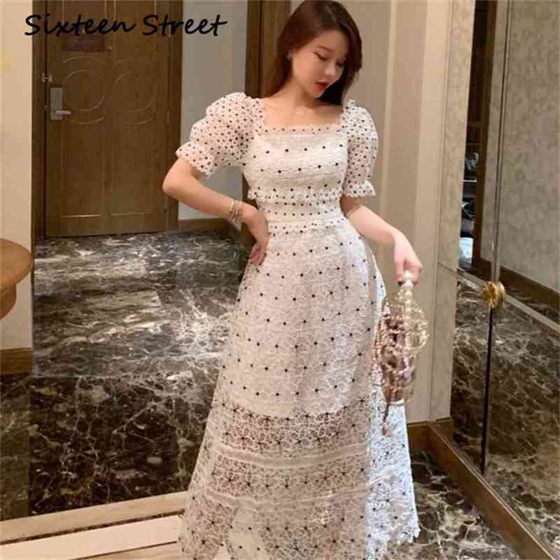 

Summmer White Lace Dress Woman Puff Sleeve Square Collar Patchwork Maxi Female Party Street Casual Vestido 210603, Blue