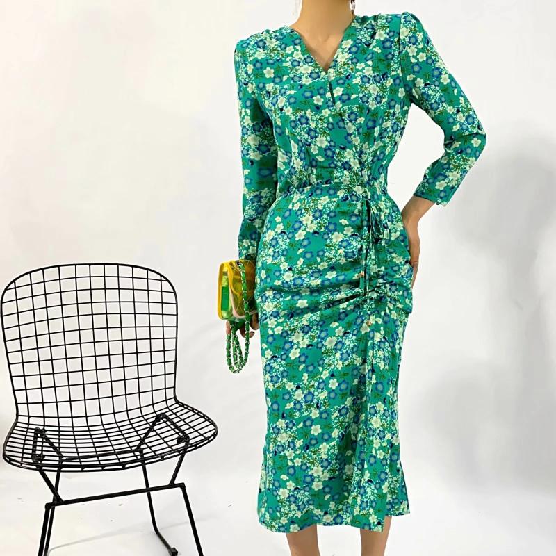 

Casual Dresses BBWM 2021 Summer Women Beach Style Green Print Sexy Slim Midi Dress Female Long Sleeve Ladies Vintage