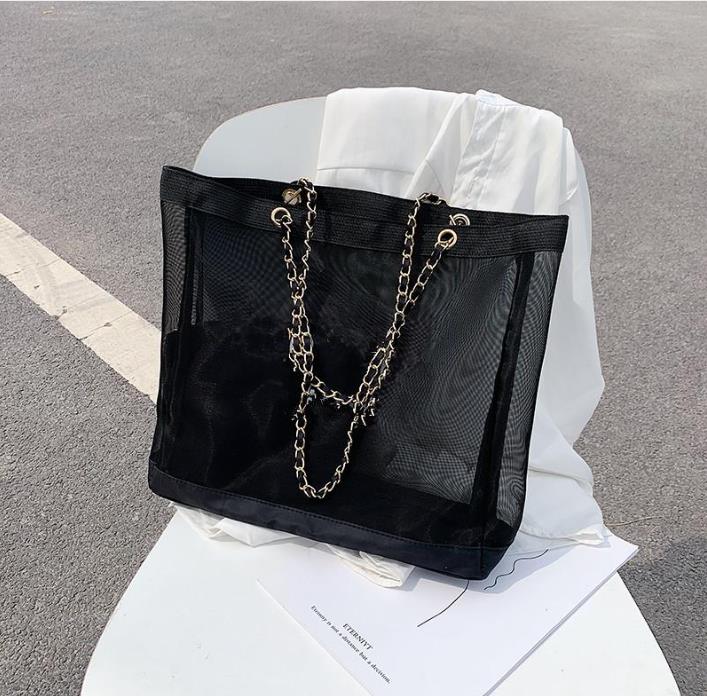 

NEW Classic white printing shopping mesh chain Bag with ribbon classic Beach Travel Bag Women Wash Bag Cosmetic Makeup Storage mesh Case