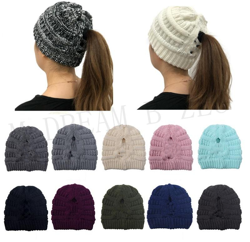 

20 Styles Ponytail Criss Cross Caps With Label Hats Knitted Winter Caps Outdoor Ski Beanie Girls Baseball Caps Hat, As picture