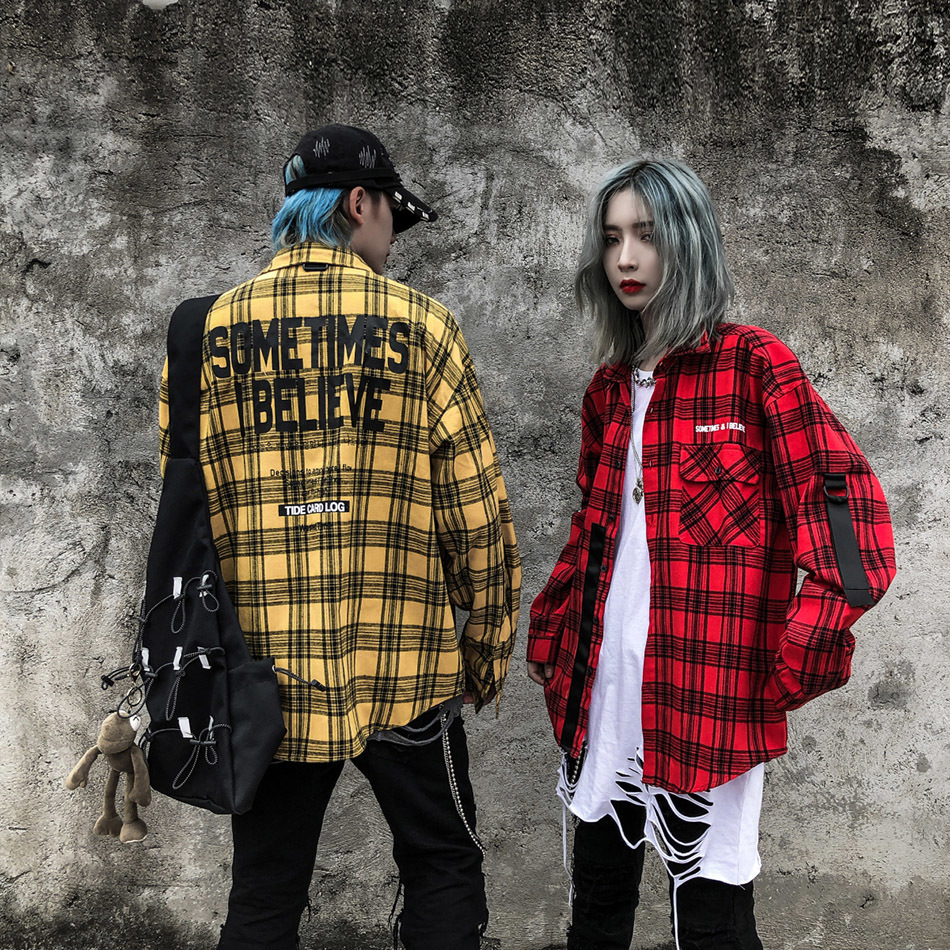 

2021 New Streetwear Original Design Letter Impression Male Long Sleeve Couple Chess Shirt FOU5, Red.