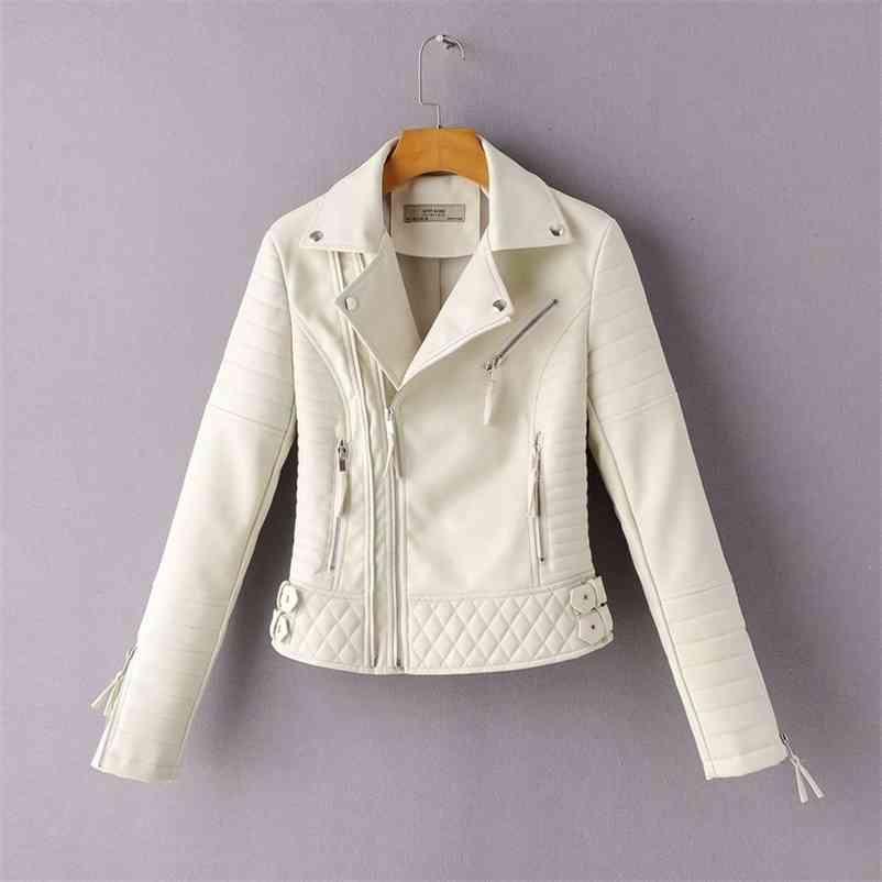 

spring autumn faux leather jacket women slim long sleeve turn down collar zipper short coats woman biker moto jackets 210602, Pink