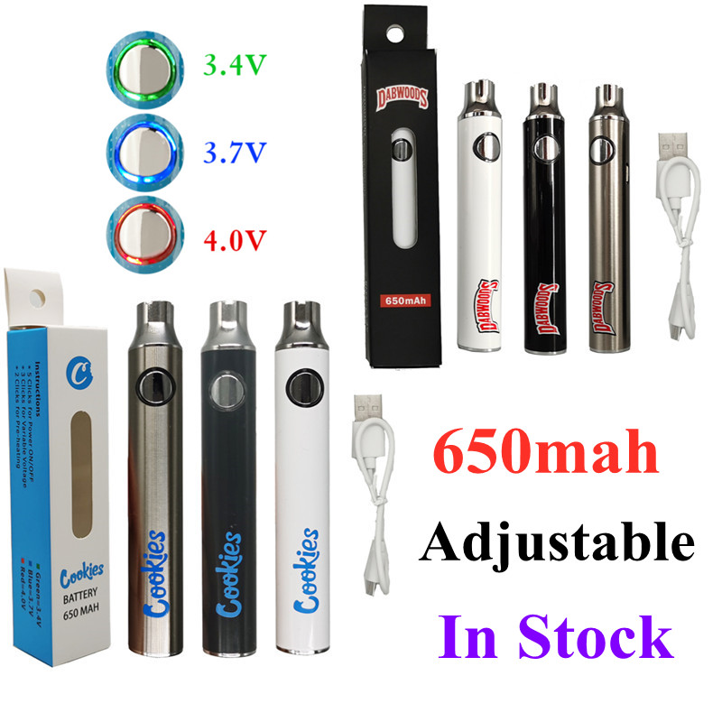 

Dabwoods Preheating Vape Pen Battery 510 Thread Battery Cookies 650mAh Vaporizer Battery Variable Voltage USB Cable Charger retail packaging