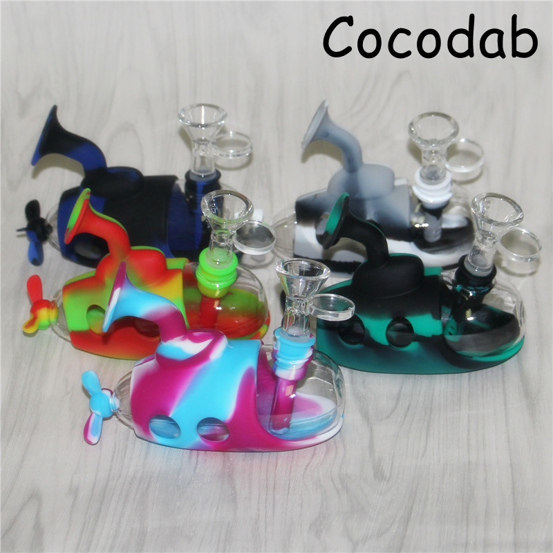 

Water Hookahs Tobacco Smoking Pipes Unbreakable Dry Herbal Silicone Smoke Bong Glass Filter Bowl Novel Submarine Shape Nectar Collector