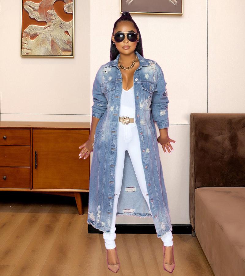 

Women's Jackets Lapel Style Temperament Denim Jacket Fall/winter 2021 Blue Washed Loose Large Version Ripped Top, Black;brown