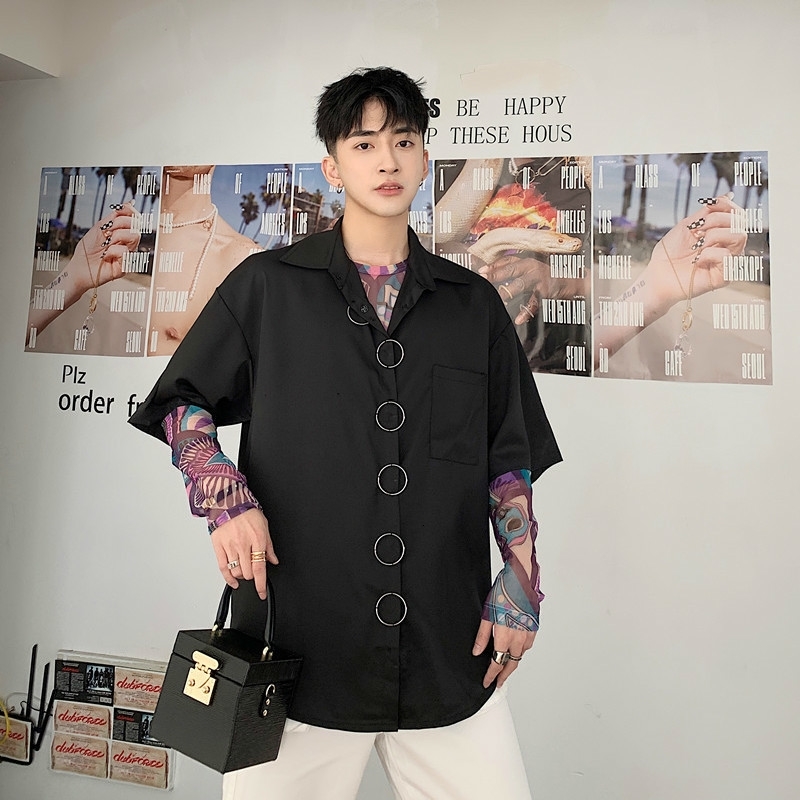 

2021 New Summer Men's Original Design Metal Ring Pure Color Mens Cotton Clothes Loose Personality Short Sleeves Shirt M-xl 8e4m, Black