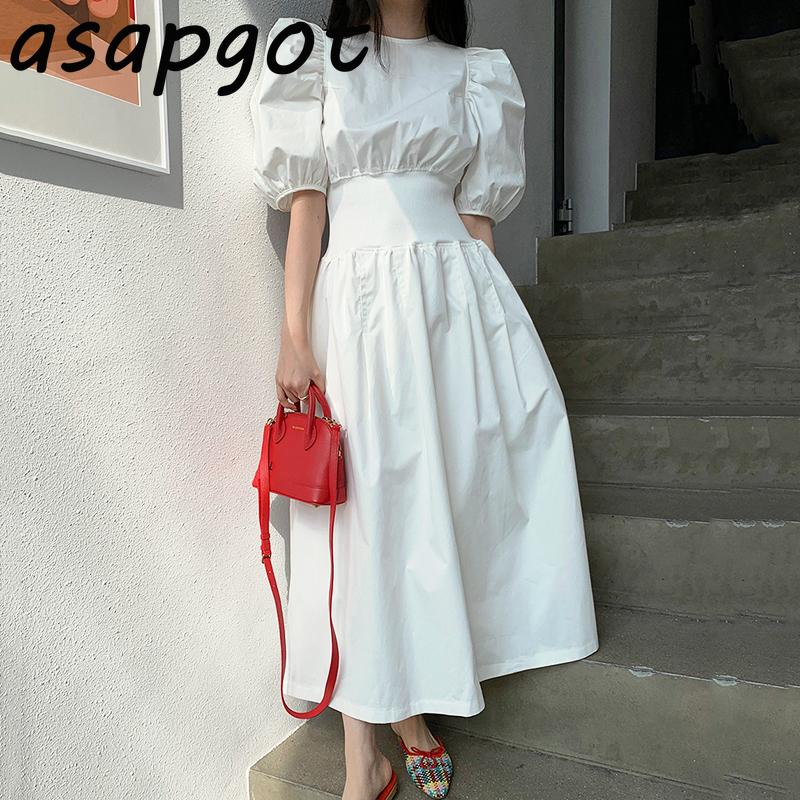 

Casual Dresses Chic Korean Elegant Loose Pleated Waist Black Big Swing Dress Long O Neck Puff Sleeve White Women 2021 Spring Fashion, Black;gray